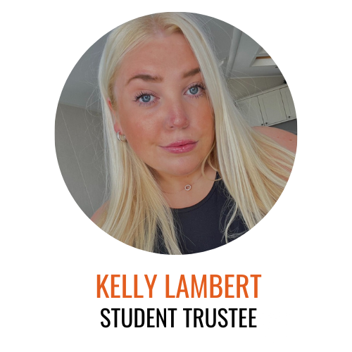 Kelly Lambert, student trustee, Kelly pictured smiling with a black top on
