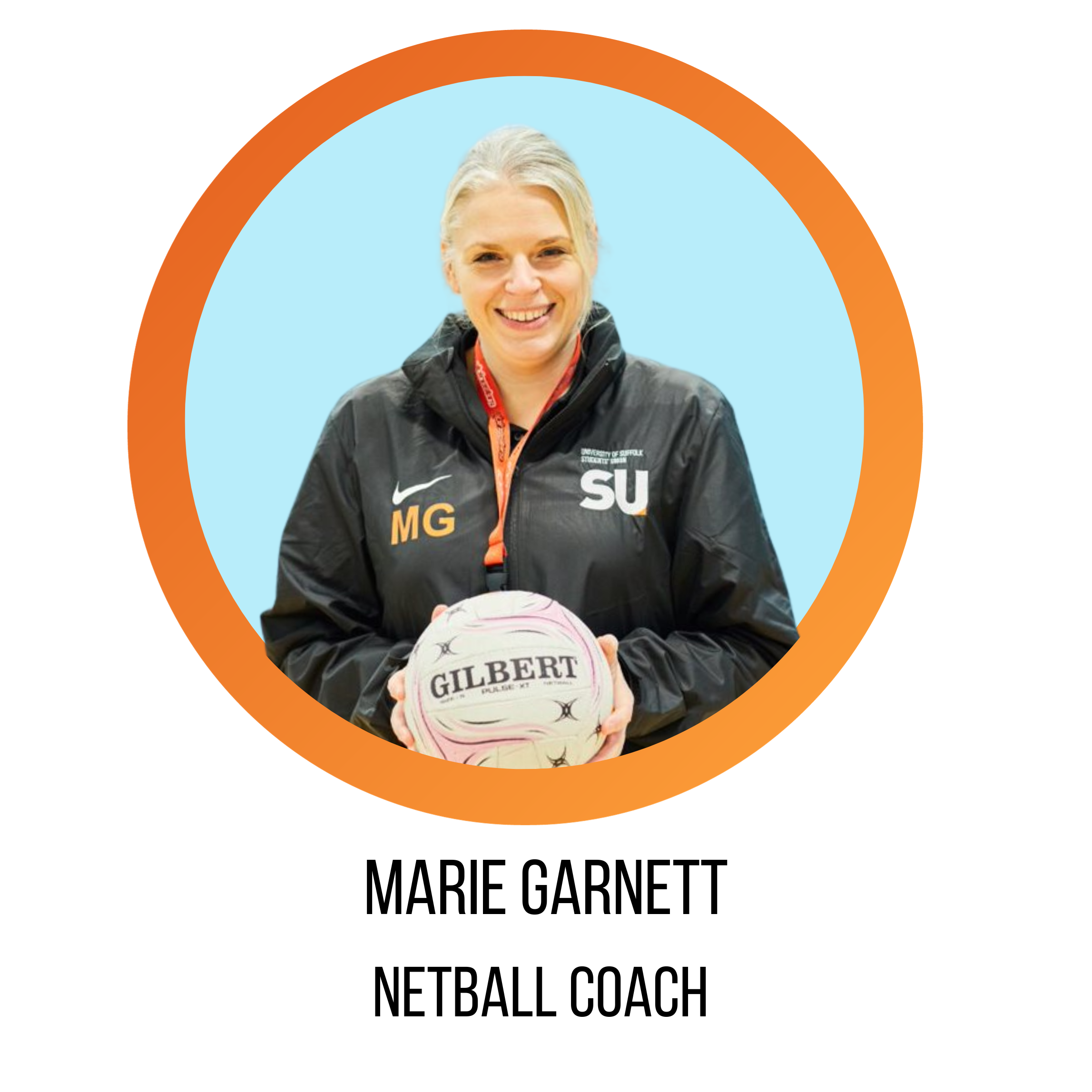 marie garnett, netball coach, smiling in front of a blue background holding a netball