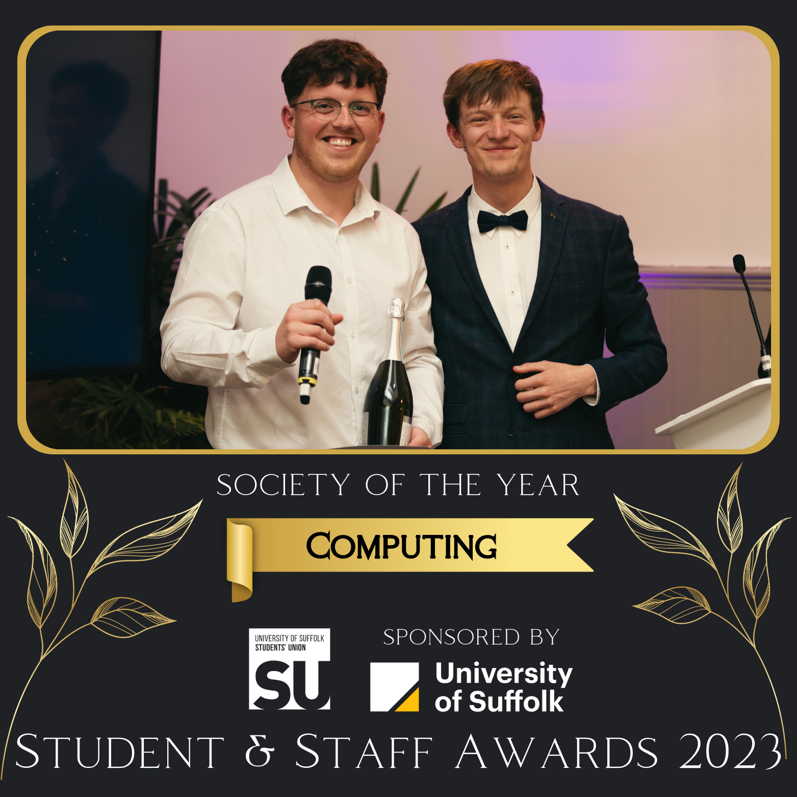 society of the year, computing, pictured member of the computing society with previous su president alex gooch