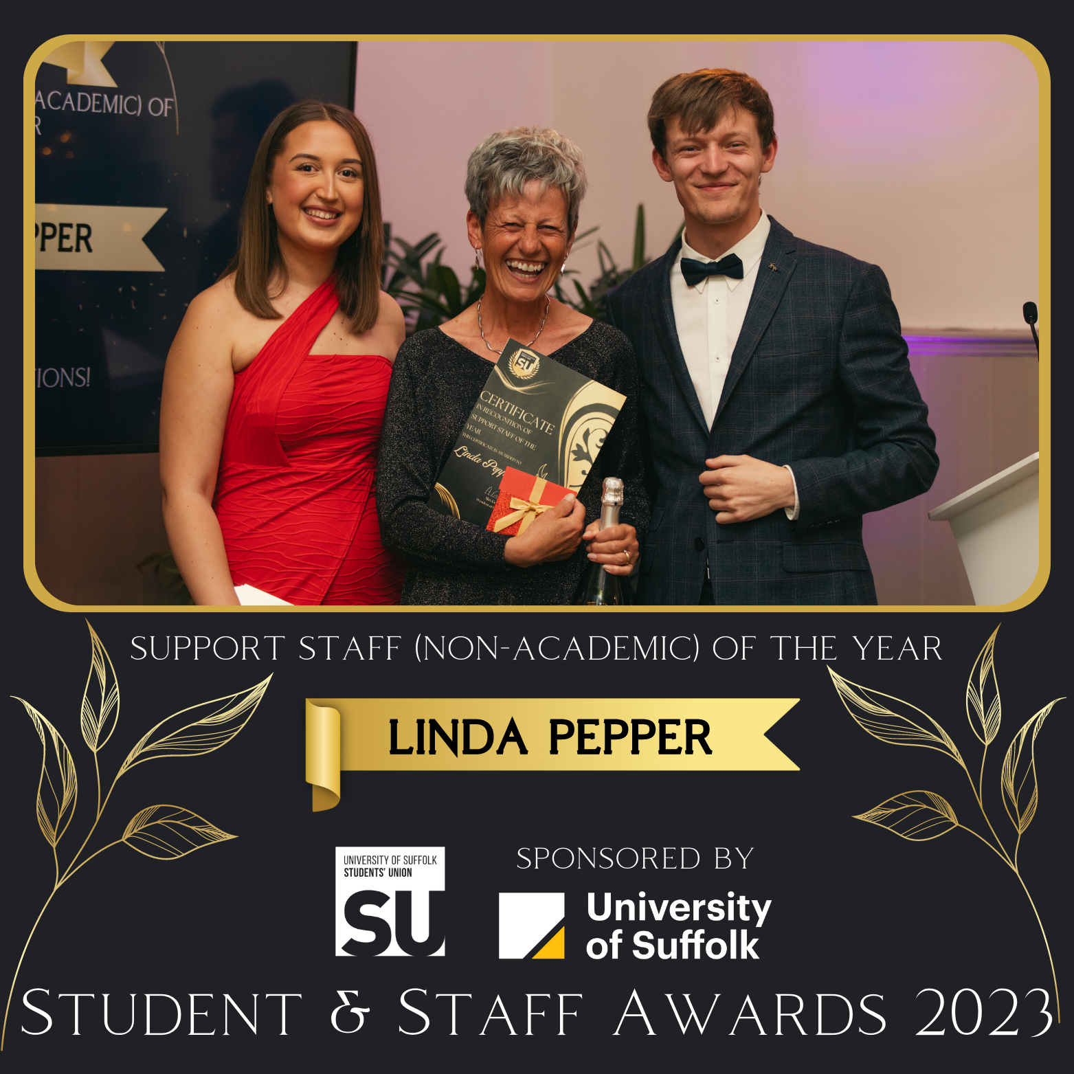 support staff of the year, linda pepper, pictured holding her certificate with previous su president alex gooch and awards host jessica