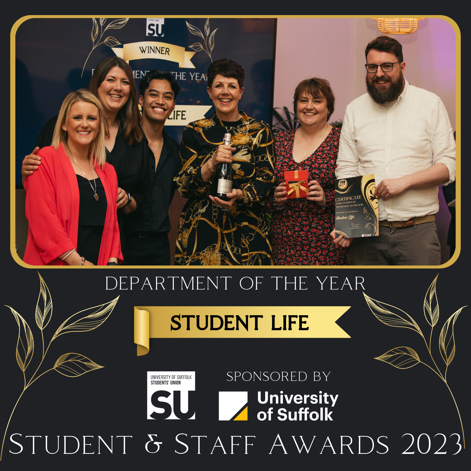 department of the year, student life, pictured holding a certificate with awards host derrick
