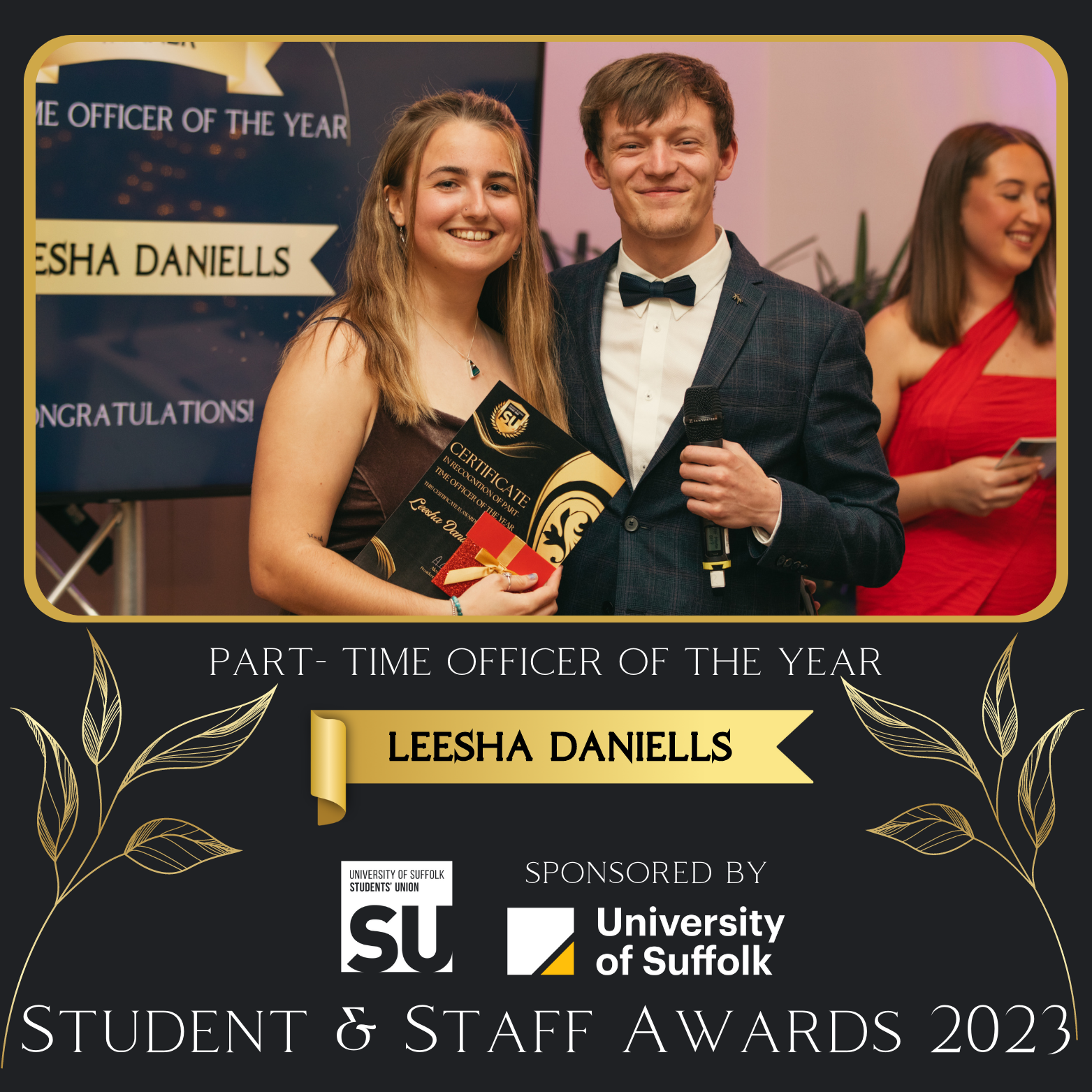 part-time officer of the year, leesha daneills, pictured holding her certificate with previous su president alex gooch
