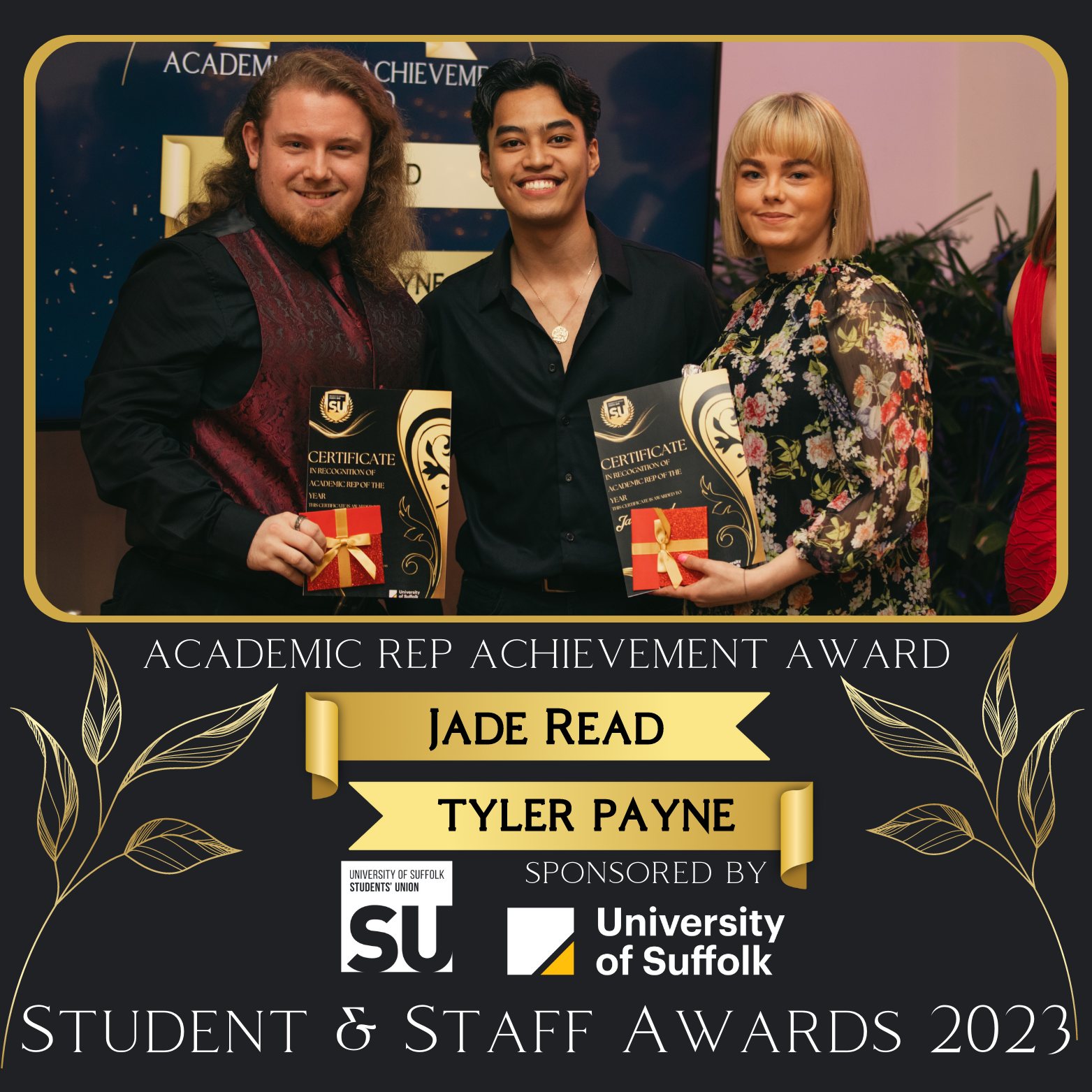 academic rep achievement award, jade read and tyler payne, pictured holding their certificates with awards host derrick muncada