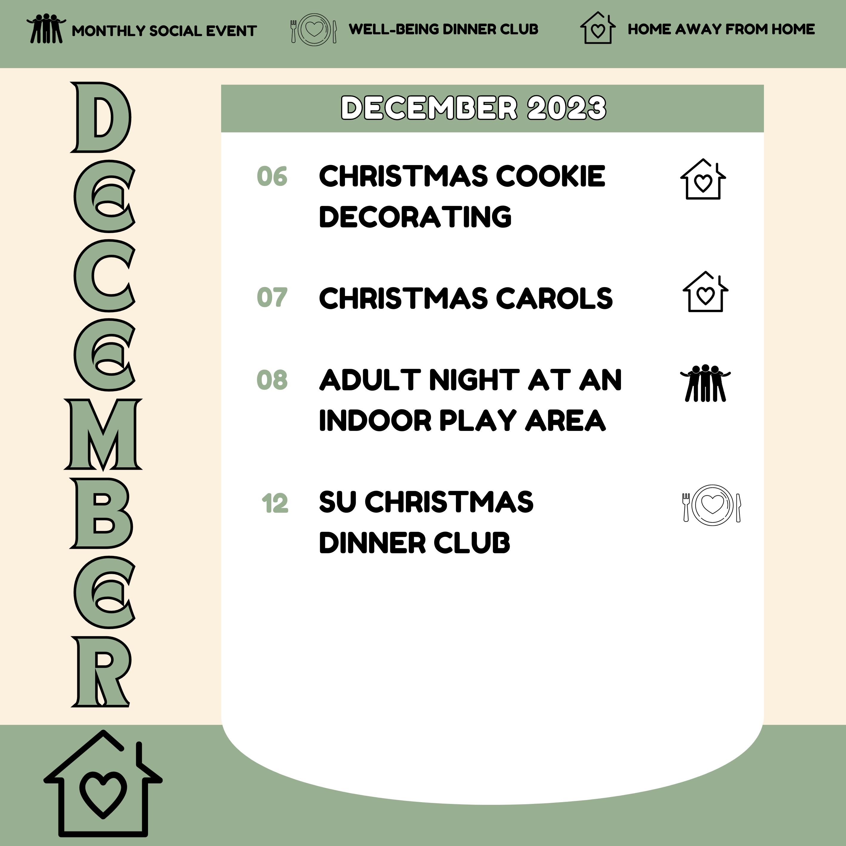 december 2023, 6th christmas cookie decorating, 7th christmas carols, 8th adult night at indoor play area, 12th su christmas dinner club
