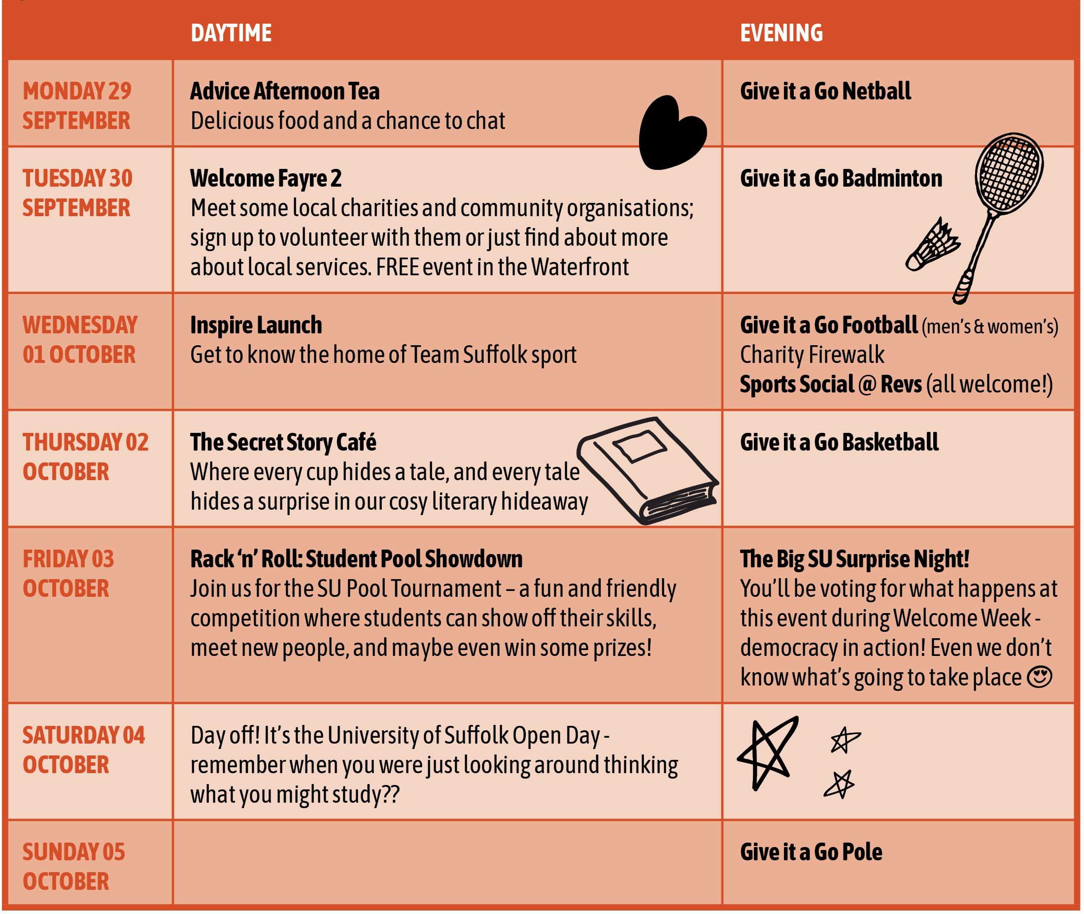 table of events for welcome week two