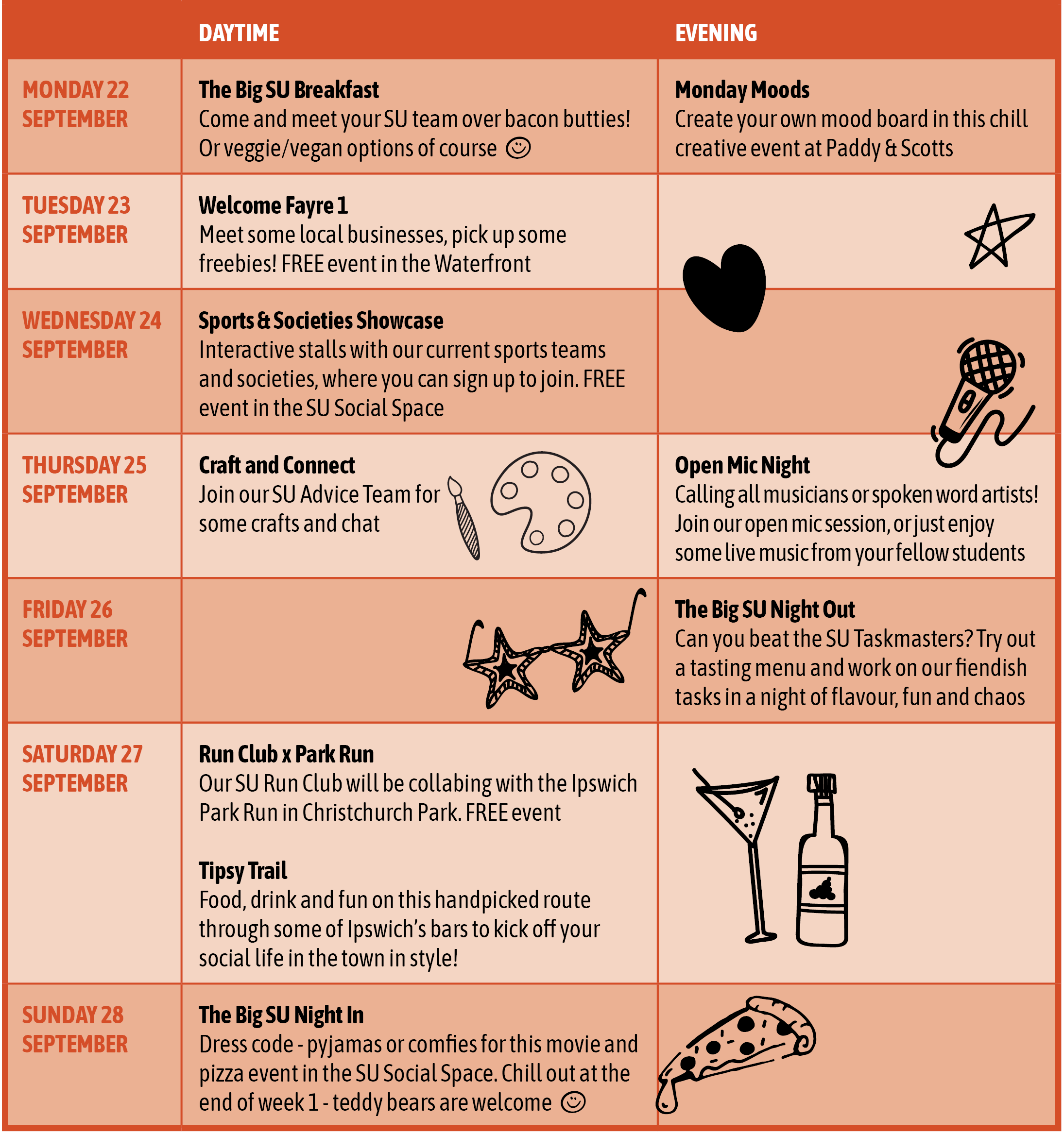 table of events for welcome week one