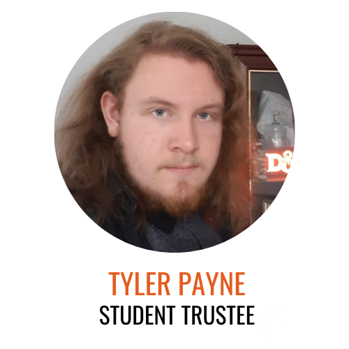Tyler Payne, student trustee, Tyler pictured in front of a poster background