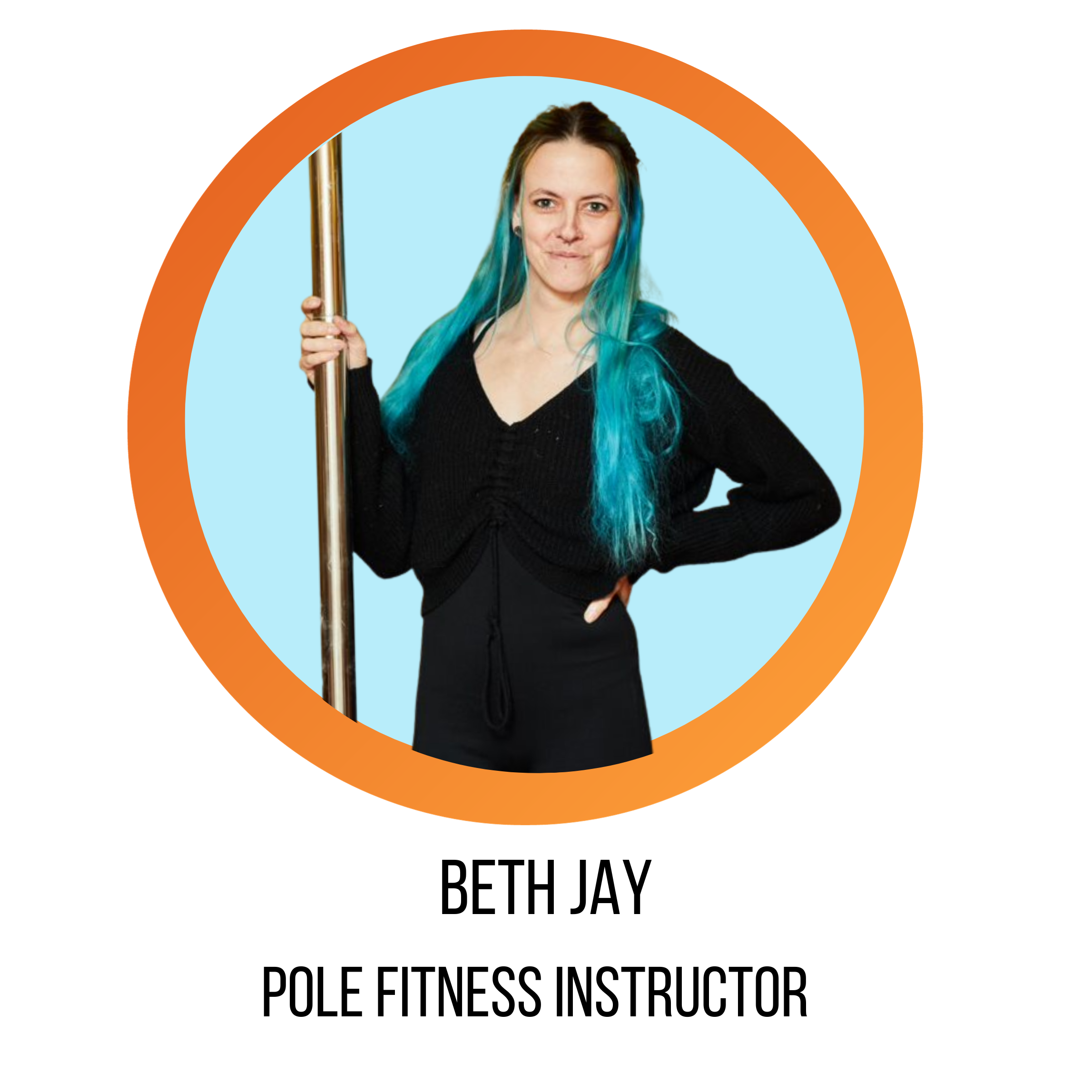 beth jay, pole fitness instructor, smiling in front of a blue background holding a pole