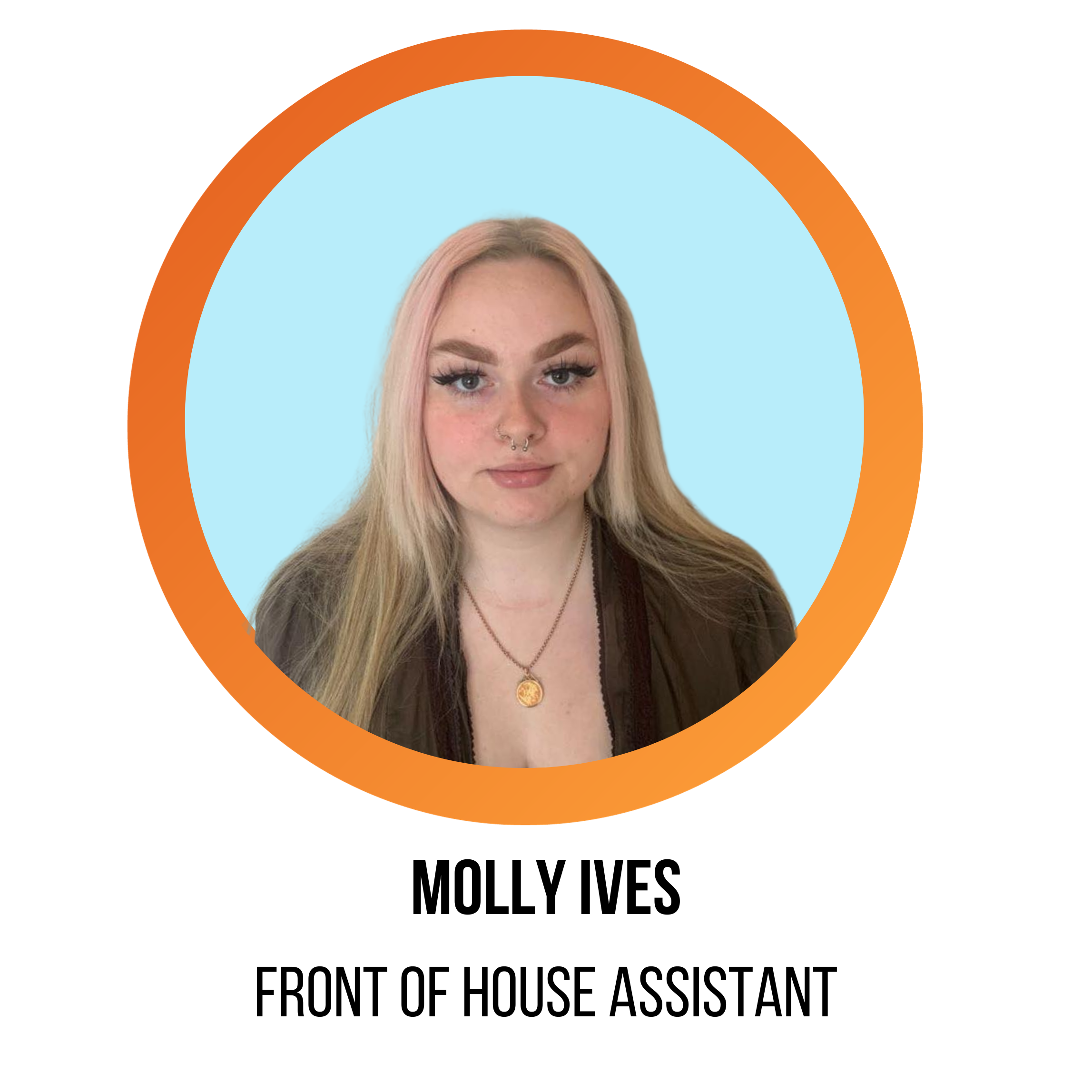 molly ives, front of house assistant, smiling in front of a blue background