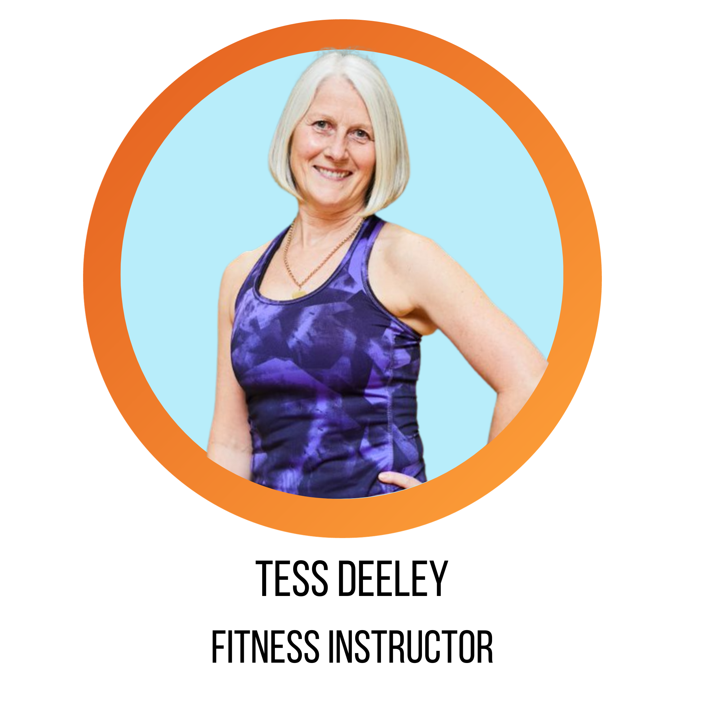 tess deeley, fitness instructor, smiling in front of a blue background