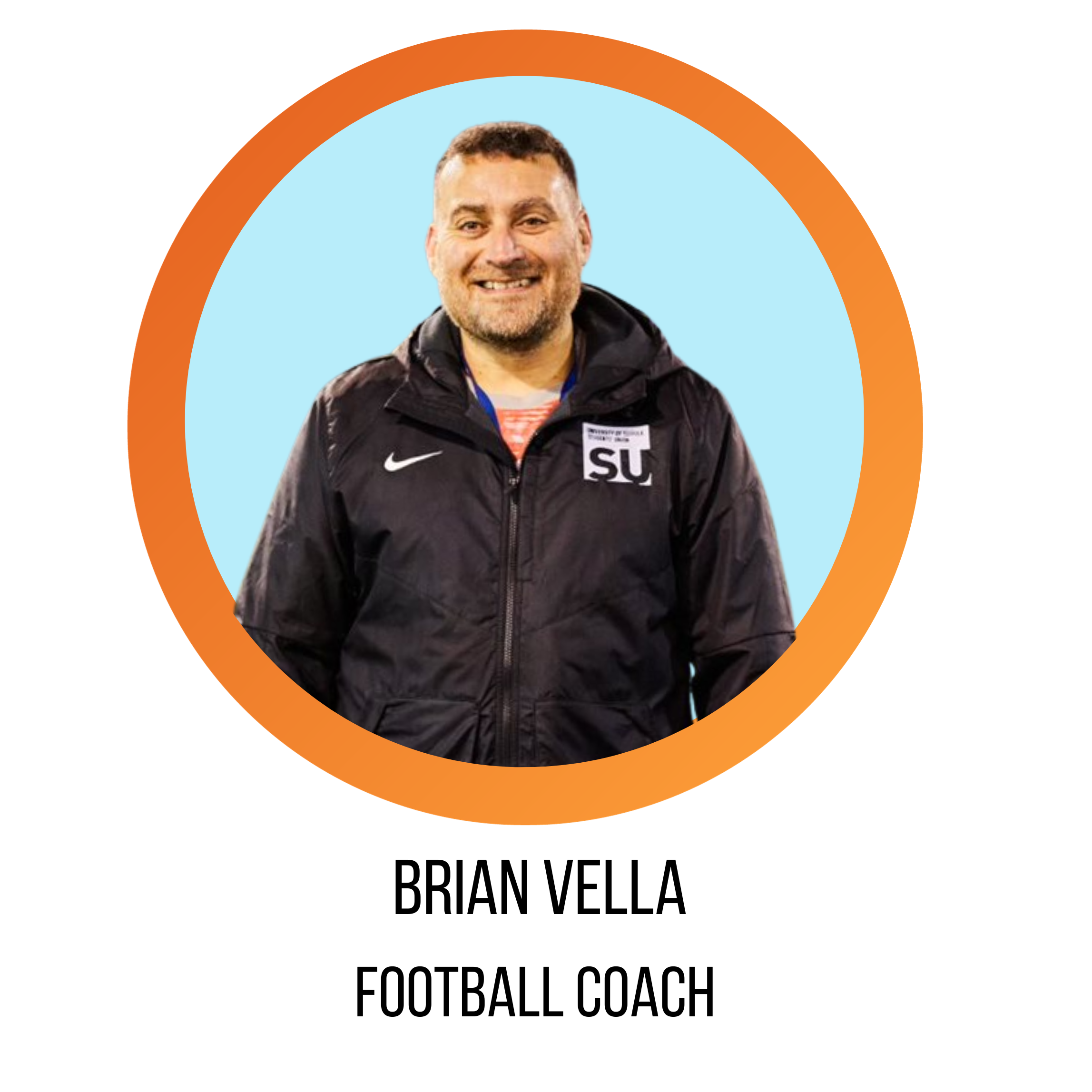 brian vella, football coach, smiling in front of a blue background
