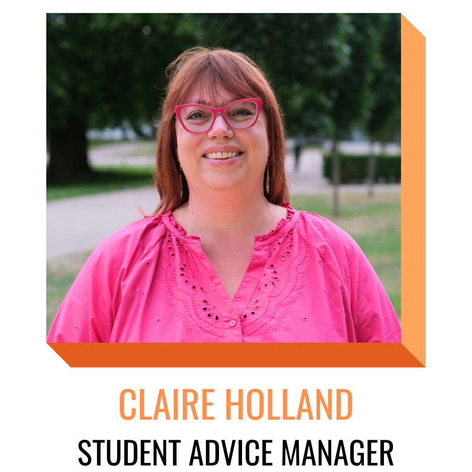 claire holland, student advice manager, smiling in front of greenery