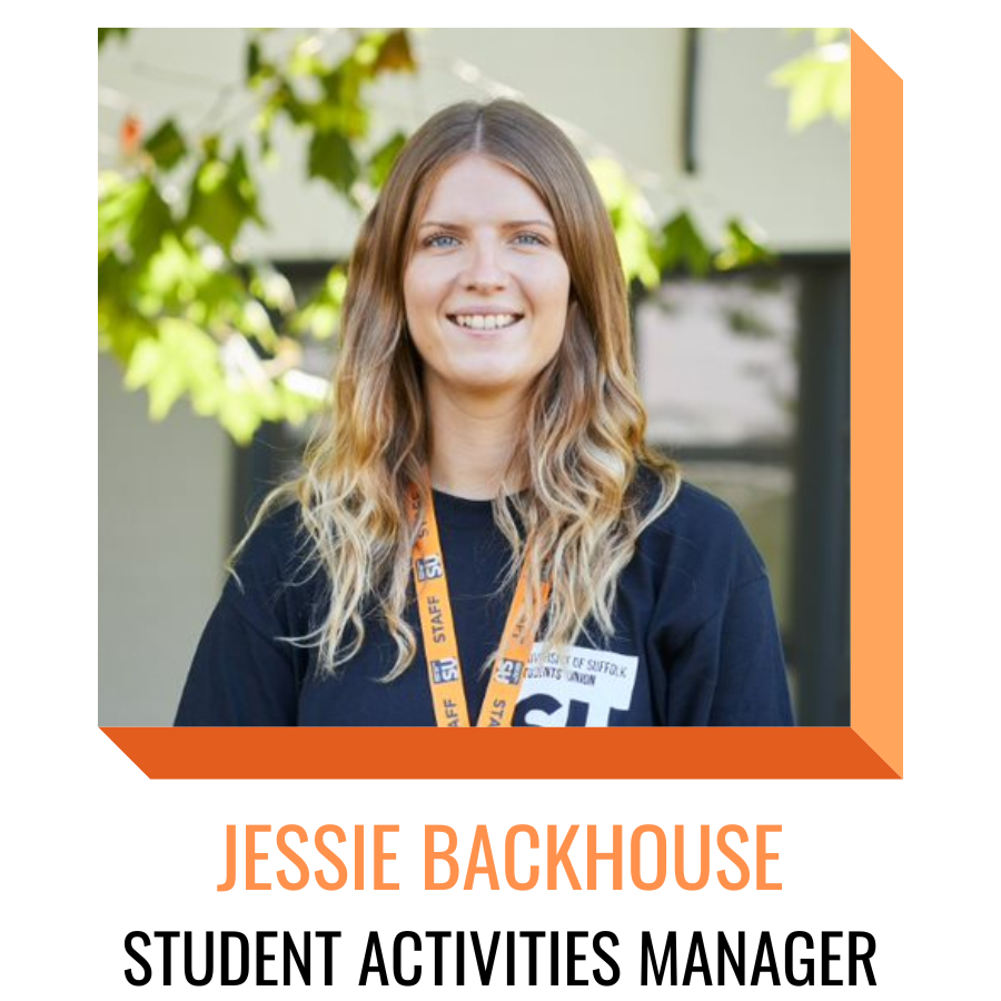 jessie backhouse, student activities manager, smiling in front of greenery