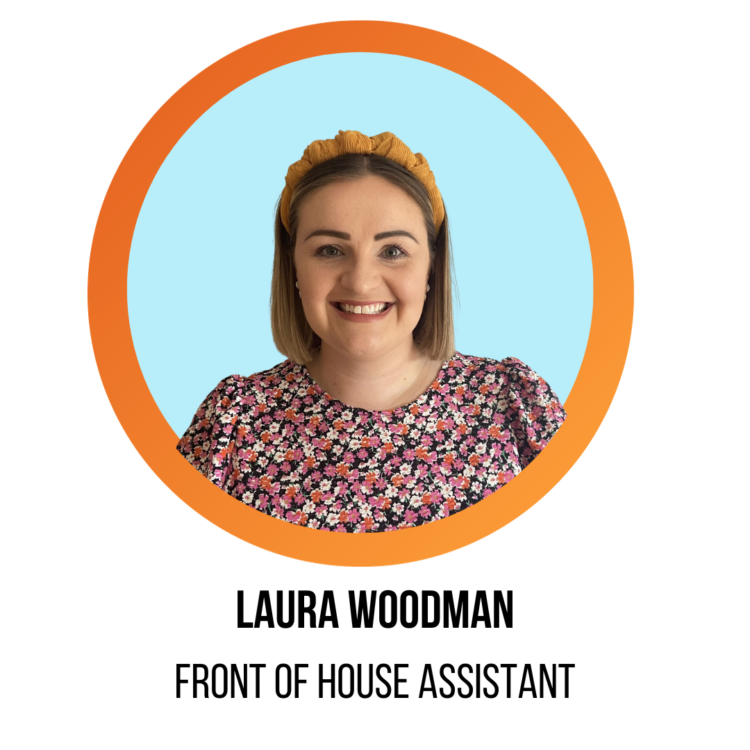 laura woodman, front of house assistant, smiling in front of a blue background