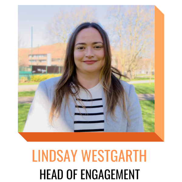 lindsay westgarth, head of engagement, smiling in front of greenery