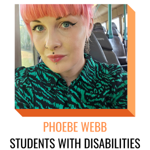 phoebe webb - students with disabilities officer, with pink hair and a green shirt