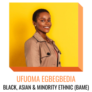 Ufuoma - BAME oficer, smiling against yellow background